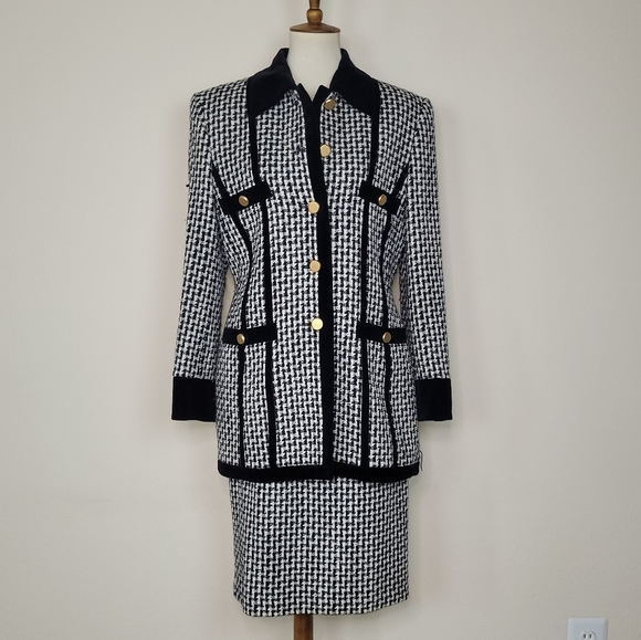 Escada Dresses & Skirts - Escada Skirt Suit Womens Large Black White Tweed Jacket A-Line Skirt Wool